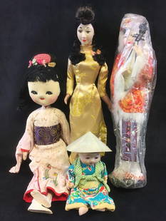 Set of 4 Asian Dolls: Set of 4 Asian Dolls. This set of dolls is in fair condition. Set contains 1 cloth doll, 1 bisque child doll, 1 plastic woman doll, and 1 woman playing the pipa doll. The cloth doll has some discolora
