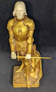 Gilded Bronze & Bone Georges Saulo Joan Of Arc: Gilded Bronze & Bone Georges Saulo Joan Of Arc. Is approx 3 1/2" x 3 1/4" x 11 1/2" and it weighs 5.74lbs. "Dieu Et La France" or "God And France" is on the base. There is wear on the gilding