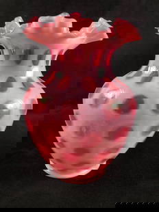 Vintage Fenton Shades in Cranberry Opalescent Coin Dot Opalescent: Vintage Fenton Shades in Cranberry Opalescent Coin Dot Opalescent A beautiful Coin Dot crimped and ruffed vase in cranberry cased with white opalescent. Covered with cranberry dots with the area