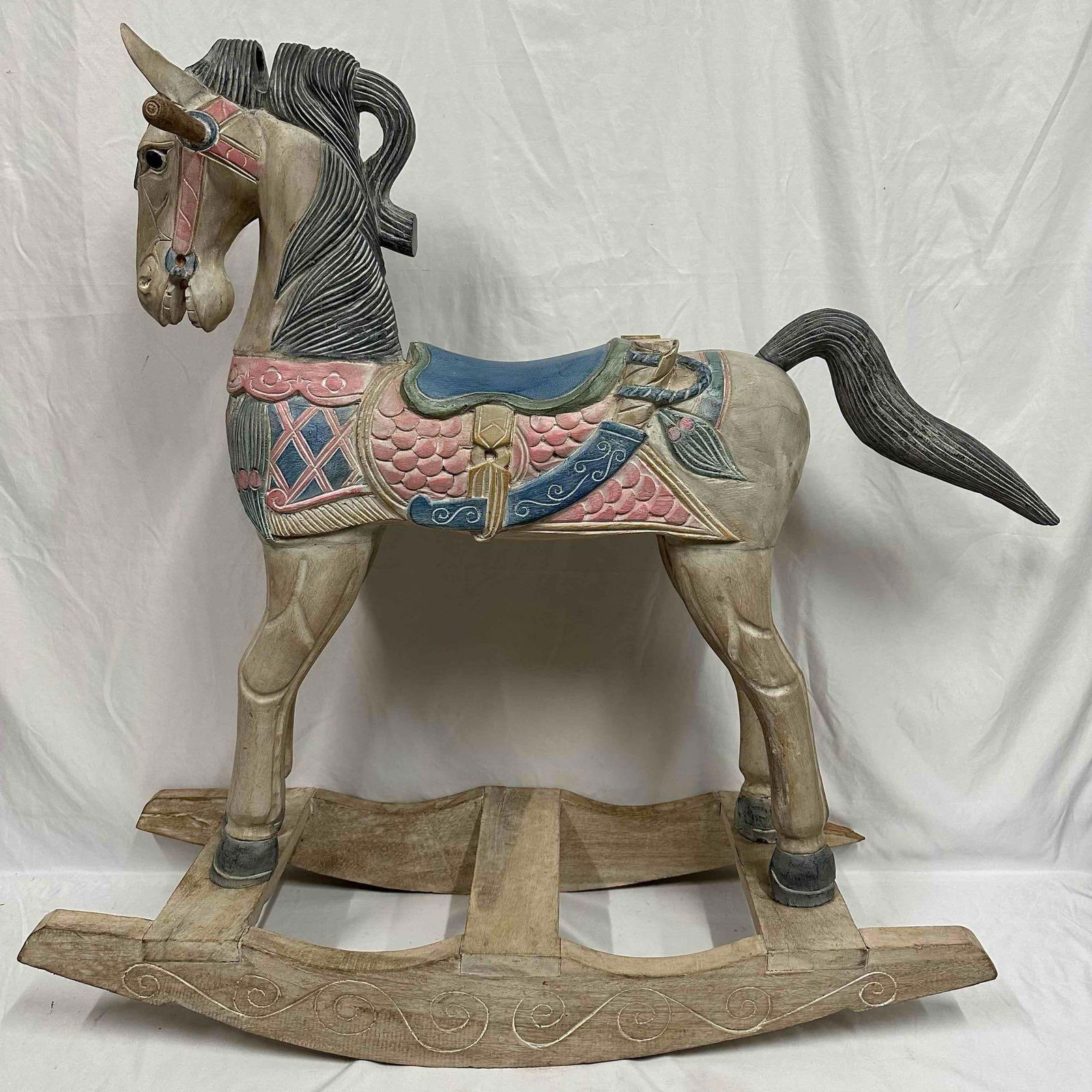 Antique Hand Carved Wooden Rocking Horse Vintage Wood Pastel Color (1 of 18)