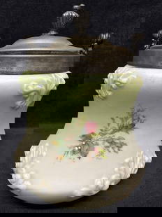 Wavecrest Antique Hand Painted Floral Glass Biscuit Barrel Jar Silver Plated Lid and Handle: Wavecrest Antique Hand Painted Floral Glass Biscuit Barrel Jar Silver Plated Lid and Handle. Light wear and tarnishing noticed, minor small stain marks, overall good shape for age. This item is in