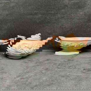 Hull Art Bowl Center Piece and Teapot Magnolia Crafts Pottery Arts Set: Hull Art Bowl Center Piece and Teapot Magnolia Crafts Pottery Arts Set. Hull Art pottery Magnolia line featuring soft pink and green color scheme with floral design. Light crazing and cracks inside a