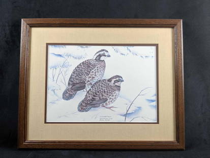 Limited Edition Lithograph By Nancy Shumaker Pallan: Limited edition lithograph of an "Bobwhite Quail" from 1984. This is signed in pencil by the artist on the bottom center of the print. There are some light scratches on the frame. Please see images fo
