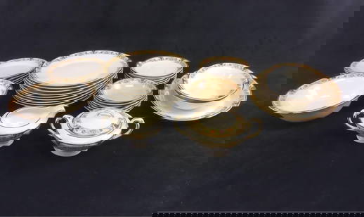 Vintage Crown Potteries Co Porcelain Set: Vintage Crown Potteries Co Porcelain Set; This is made by Crown Pottery Company and features a floral leaf pattern with red and purple flowers with gold rim.&nbsp; Quantity and approximate measurement