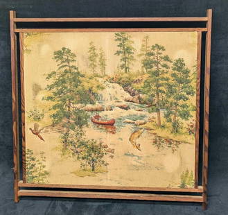 Vintage Framed Fishing 3D Sewn Woven Tapestry: Vintage Framed Fishing 3D Sewn Woven Tapestry. This is approx 22 7/8" x 3/4" x 23" and it weighs 1.50lb. This was not signed by the artist. The tapestry has some discoloration due to age and the middl