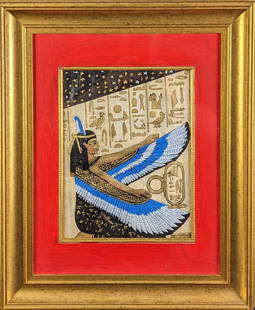 Framed Egyptian Goddess Isis Hand Painted Papyrus Art: Framed Egyptian Hieroglyphic Hand Painted Papyrus Art. Art shows the goddess Isis. Is not signed by the artist. The original is approx 18 1/2" x 2" x 23". is in a good, used condition with some light