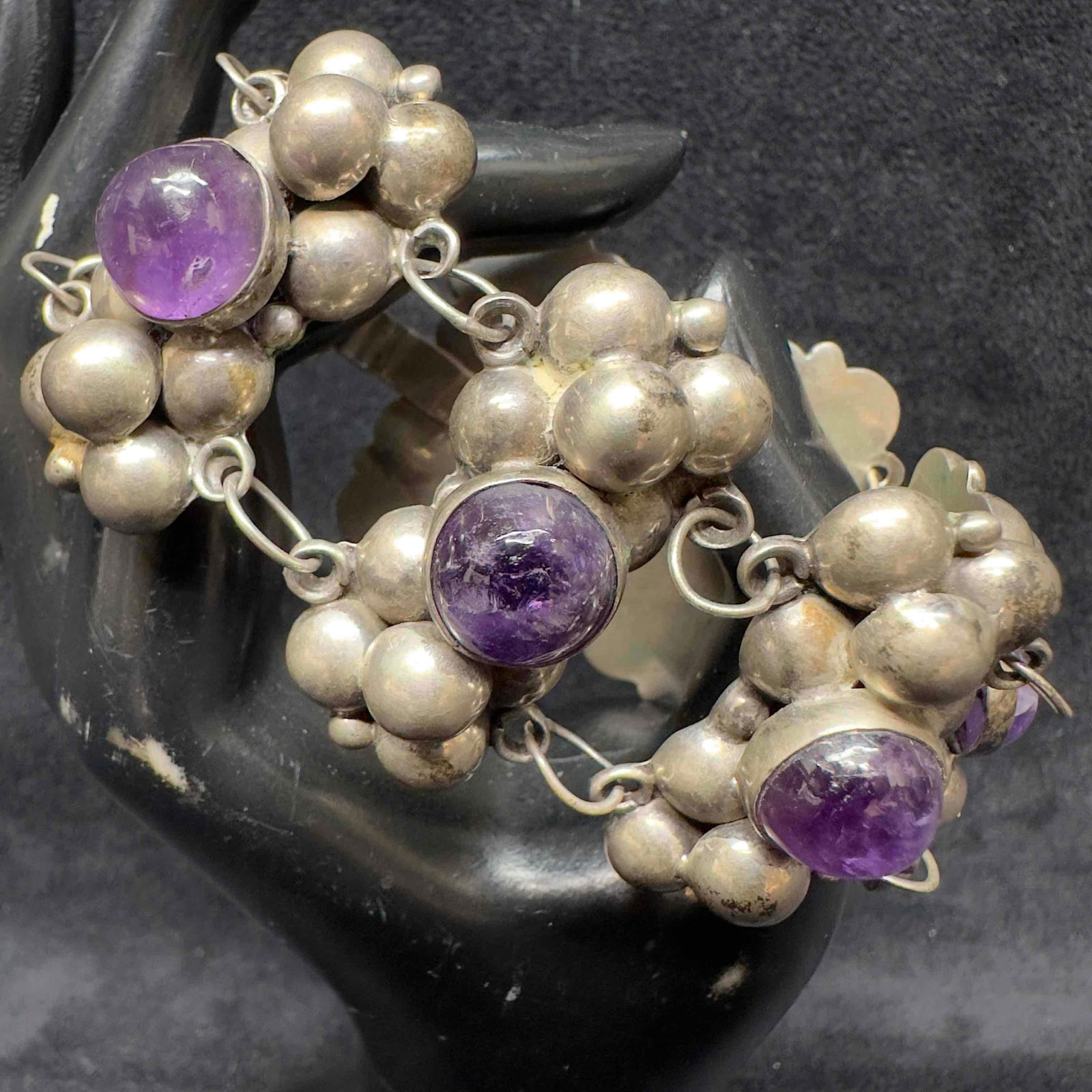 Mexico Sterling Silver Amethyst Gem Stone Cluster Link Bracelet (1 of 11)