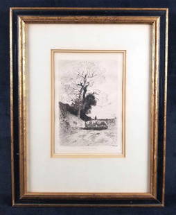 Theophile Navasse Chauvel Apres la Pluie Etching Art: Artist: Theophile Navasse Chauvel. Title: Apres la Pluie, a Vaujours (After the Rain, at Vaujours). 1876. Double Matting Framed print. The frame is in Great used condition. The matting and print may h