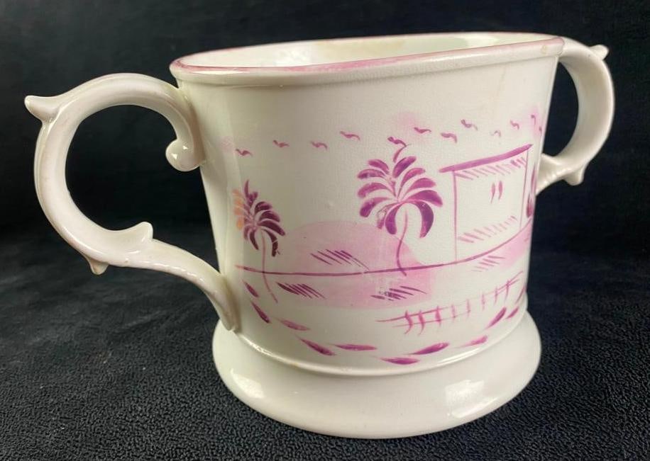 Antique Early Sunderland Pink Lustreware Jar: Antique Early Sunderland Pink Lustreware Jar Pink Lustreware porcelain jar with two handles from the early 1800s, made in England. These porcelain sets with the trademark pink pearlescent designs were