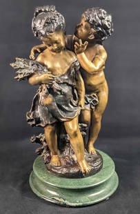Secret By Auguste Moreau Bronze Sculpture X9: &#34;Secret&#34; After Auguste Moreau Bronze Sculpture.Is approx 10&#34; x 10&#34; x 18&#34; and weighs 56.50lbs. Is in a good, vintage condition with light wear.   Auguste Moreau (1834 – 1917) was
