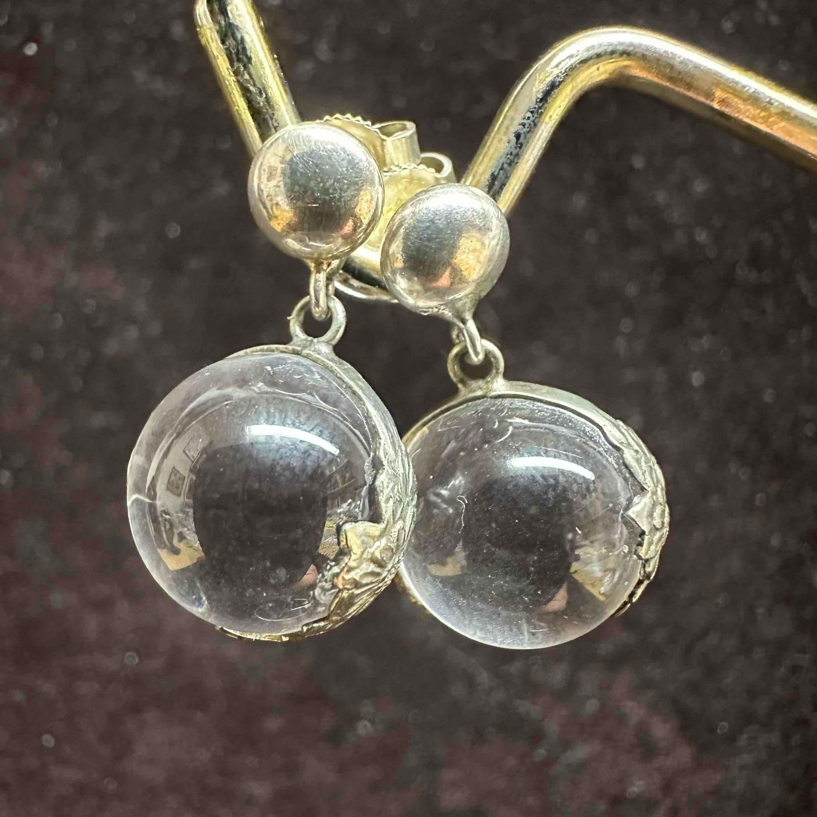 Clear Glass Orb Floral Sterling Silver Stylized Flower Bezel Earrings G69 (1 of 7)