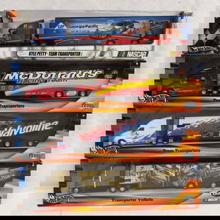 Hot Wheels Race Team Transporter Truck Trailer Set Lot of Four Die Cast Trucks Kyle Petty McDonald's: Hot Wheels Race Team Transporter Truck Trailer Set Lot of Four Die Cast Trucks Kyle Petty McDonald's. Each collectible is Sealed new featuring four Hot Wheels die cast Racing Team Transporters. NA