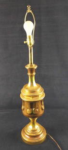 Vintage Brass Painted Heavy Metal Table Lamp B: Here is a rather heavy metal table lamp that had been painted a brass color. Not sure what kind of metal it is, but it is very solid and heavy. The maker and date of creation are unknown. Vase is appr