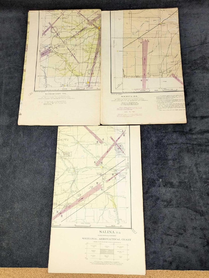 3 Vintage Kansas City Salina Witchita Sectional Aeronatucial Charts: 3 Vintage Kansas City Salina Witchita Sectional Aeronatucial Charts. Each folded up chart is approx 7 3/4" x 1/8" x 12 1/4" and the total weight is 0.42lb. Two of the charts are dated, 1943 and 1945.