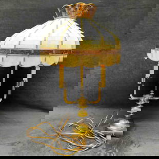 Brass 25" Leviton Tiffany Style Stained Glass Table Lamp Candelabra Candleholder: Vintage Brass 25&#39; Leviton Tiffany Style Stained Glass. This beautiful white and brown stained glass tiffany lamp made by Leviton. The brass base features a candle holder like shape with two pink c
