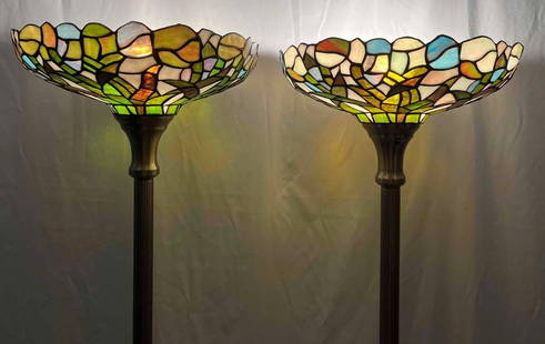 Pair Of Tiffany Style Matching Floor Lamps: This lot contains a Pair Of Tiffany Style Matching Floor Lamps. Each lamp is approx 15" x 15" x 71 1/2". Total weight is approx 32lbs. Overall the Floor Lamps With Tiffany style shades are in excellen
