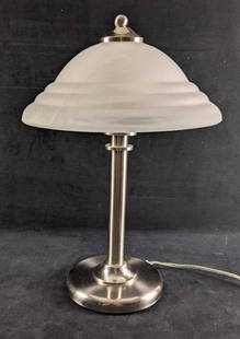 Chrome Lamp with Frosted Glass Lamp Shade: Chrome Lamp with Frosted Glass Lamp Shade This chrome lamp with a frosted glass shade is in good working condition with no known damage. This lamp is a nice modern design.  6.2lbs 19in tall shade 13in