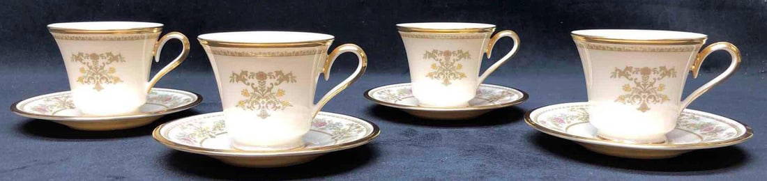 Lenox "Castle Garden" Gold Trim Cup & Saucer (8 pc): This lot contains a Set of 4 (8 pc) Lenox &#34;Castle Garden&#34; Gold Trim Cup and Saucer Set. Made in USA. Each cup is approx 3&#34; x 4-1/2&#34; x 3-1/2&#34; and saucer is approx 6&#34; x 6&#34; x