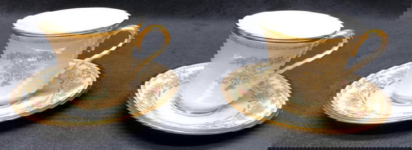 Lenox "Castle Garden" Gold Trim Cup & Saucer (4 pc): This lot contains a Set of 2 (4 pc) Lenox &#34;Castle Garden&#34; Gold Trim Cup and Saucer Set. Made in USA. Each cup is approx 3&#34; x 4-1/2&#34; x 3-1/2&#34; and saucer is approx 6&#34; x 6&#34; x