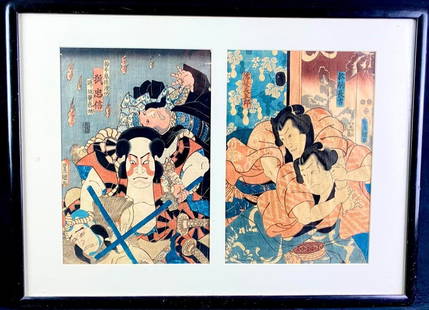 Utagawa Kunisada (Sandai Toyokuni) Woodblock Pair: Utagawa Kunisada (Sandai Toyokuni) Woodblock Pair  Framed pair of 19th century woodblocks by Utagawa Kunisada, also referred to as Sandai Utagawa Toyokuni (Third Generation Toyokuni of the Utagawa Sch