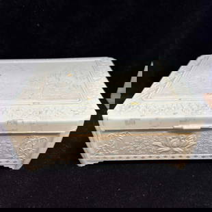 Vintage Celluloid Hard Plastic Asian Style Lidded Embossed Jewelry Box: Minor burn marks, discoloring, staining, and tape residue. This item is in good pre-owned, previously displayed condition with light wear, and surface scratches. Please reference all photos for full d