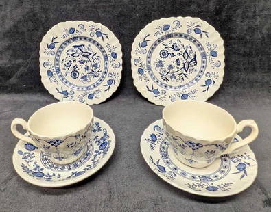 Vintage J&G Meakin Wedgewood Cup Saucer Square Dessert Plates: Vintage J&amp;G Meakin Wedgewood Cup Saucer Square Dessert Plates. This lot includes:  (2) English Staffordshire Classic White Blue Nordic Dessert Plates. Each is approx 1/4&#34; x 7&#34; x 7&#34;. (2