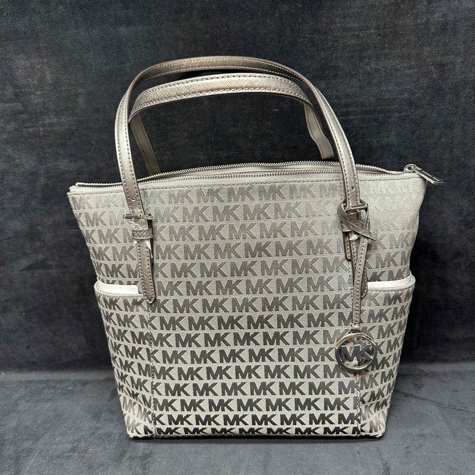 Michael Kors Gray Silver Toned MK Monogram Tote Bag Purse (1 of 7)