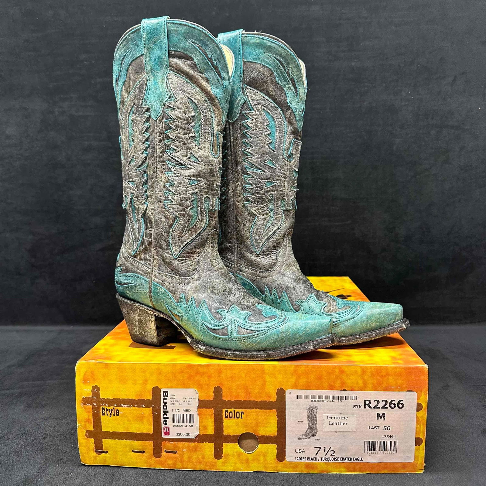 Corral Genuine Leather Charcoal Black Turquoise Eagle 7.5 Women's Boots: The boots feature a distinctive black and turquoise color scheme with a distressed or "Crater Eagle" finish. This item is in previously worn condition with minor wear and surface scratches on