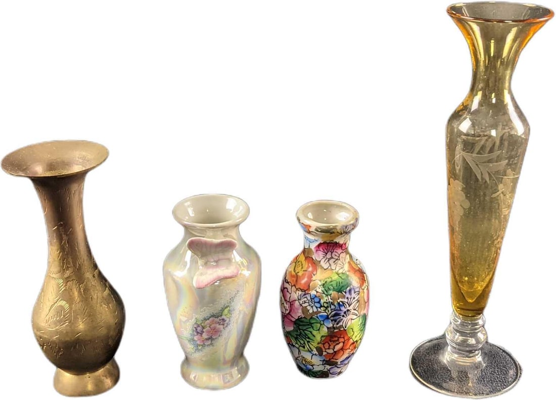 Four Vinage Ceramic Brass Glass Pod Vases: This lot includes: (1) Brass Flower Vase. Is approx 2" x 2" x 5". There is some tarnish on the inside. (1) Ceramic Iridescent Butterfly Vase. Is approx 2" x 2" x 4".