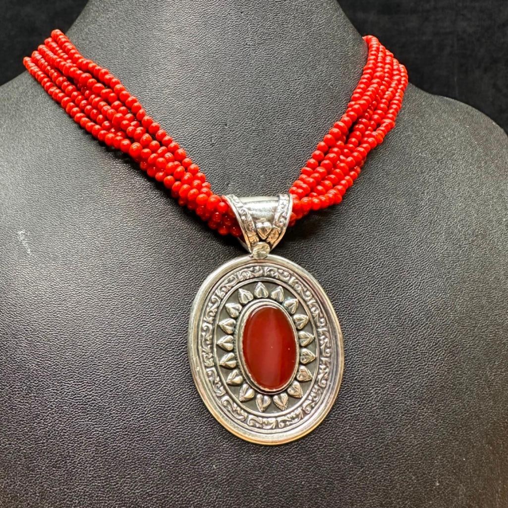 Sterling Pendant Necklace Red Coral Beads: This piece of jewelry has been tested and researched prior to listing. Please view all our pictures they are part of our description. DETAILS: Metal - Sterling Silver Color - Silver Stones - Red Cora