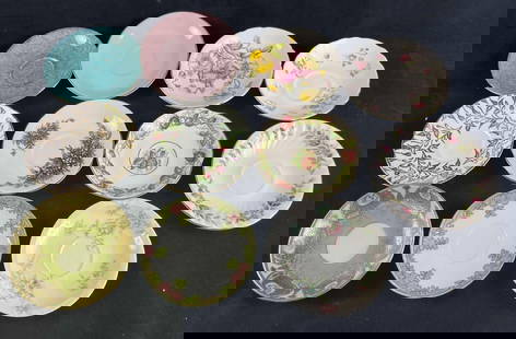 Assorted Tea Saucers 11 China Saucers: Assorted Tea Saucers 11 China Saucers This lot consists of 11 saucers with assorted designs. The saucers do not come with teacups. They are all in good condition with some vintage wear like small scra