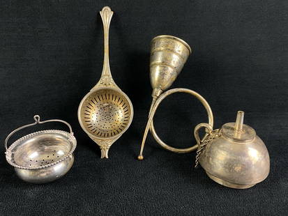 Vintage - Antique Mixed Lot Tea Strainer Shot Pourer Oil Vessel: This Antique items have been tested and researched to determine authenticity prior to posting. Please review all our pictures they are part of our description .  DETAILS:  Maker- Mixed