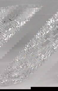 Ceska Crystal Vase Canterbury Diamond Criss Cross Cuts: Heavy crystal vase with diamond criss-cross cuts. Has Ceska marking on the bottom. Made in the Czech Republic. Is approx 3 1/4&#34; x 3 1/4&#34; x 7&#34; and it weighs 2.13lbs. Is in good, vintage con
