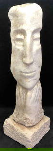 Cubist Carved Stone Statue of Two Sided Face: This lot contains a cubist carved stone statue of a two sided face. The artist of the statue is unknown. This statue is the perfect decor for any office or outdoor patio.The statue is approx 7 3/4" x