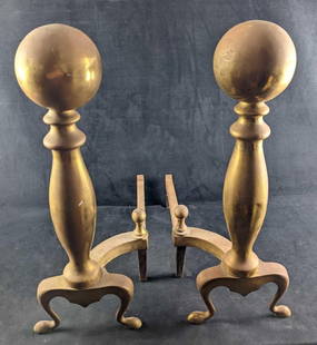 Vintage Brass Cannonball Fireplace Andirons: Vintage Brass Cannonball Fireplace Andirons or Fire Dogs Circa 1900-1949. Is approx 9" x 20" x 24" and together they weigh 30lbs. The andirons are in a good, vintage condition with some light tarnish