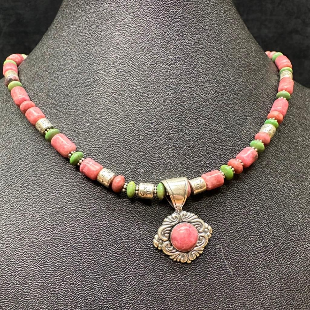 Sterling Pink & Green Stone Bead Necklace: This piece of jewelry has been tested and researched prior to listing. Please view all our pictures they are part of our description. DETAILS: Metal - Sterling Silver Color - Silver Stones - u/k Hallm