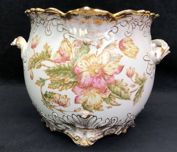 Antique Warwick China Footed Jardinière w/ Handles: This lot contains Antique Warwick China Jardiniere Flower Pot with Gold and Wild Rose details, as well as, handles and feet. Warwick stamp was used from 1893-1911. It is approx 9-3/4" x 14" x 12" and