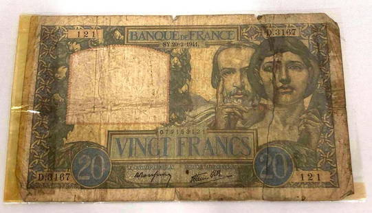 Circulated French Paper Money 1941: This lot contains circulated French paper money from 1941. The currency comes in a plastic sleeve for protection. The plastic sleeve is approx 4" x 6 3/4" while the bill itself is approx 3 3/4" x