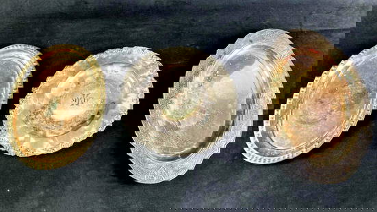 Set of (3) Silver Plate & Tin Platters: This lot includes:   (3) Imported Silver Plate and Tin Platters  Condition is used and refer to photographs for additional details. One of the imported platters appears to have been i