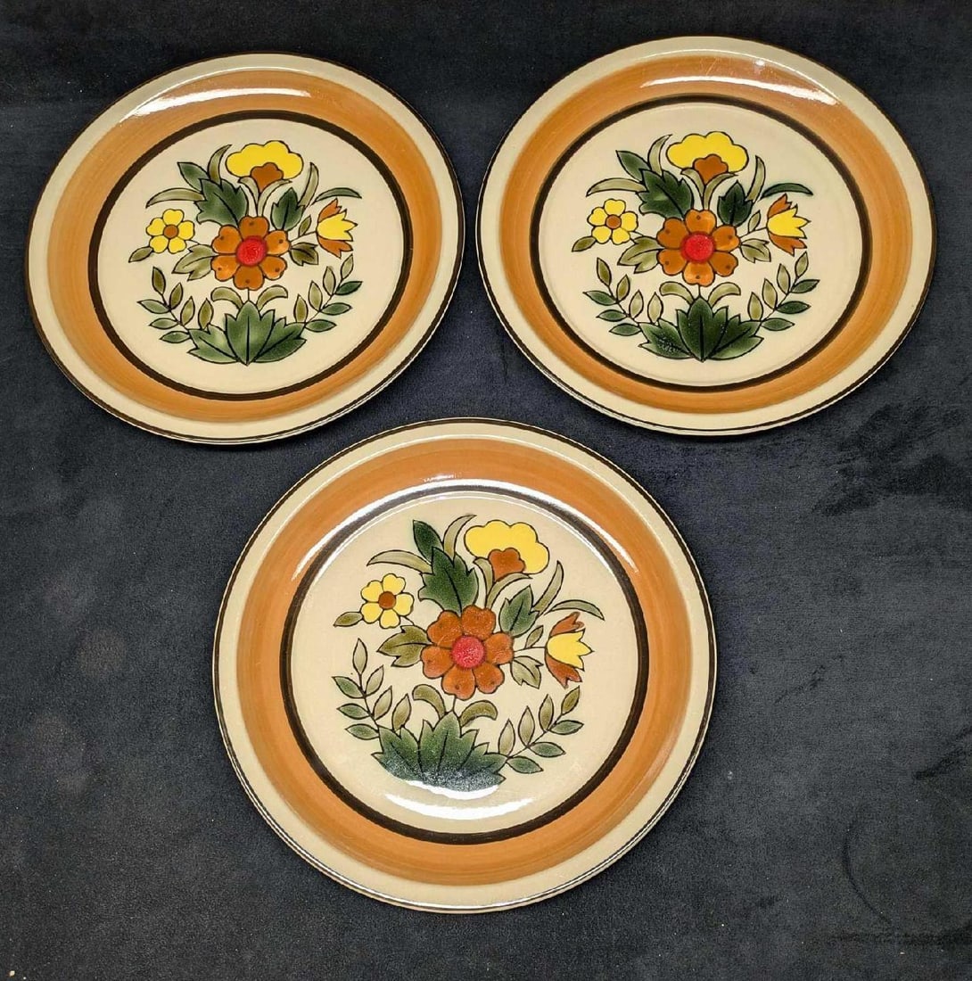 3 Vintage Momoyama Stoneware Floral Dinner Plates A: 3 Vintage Momoyama Stoneware Floral Dinner Plates A. Made in Japan. Dishwasher Safe. Each plate is approx 10 5/8" x 10 5/8" x 1 1/8" and the total weight is 5.01 lbs. The plates have some signs of wea