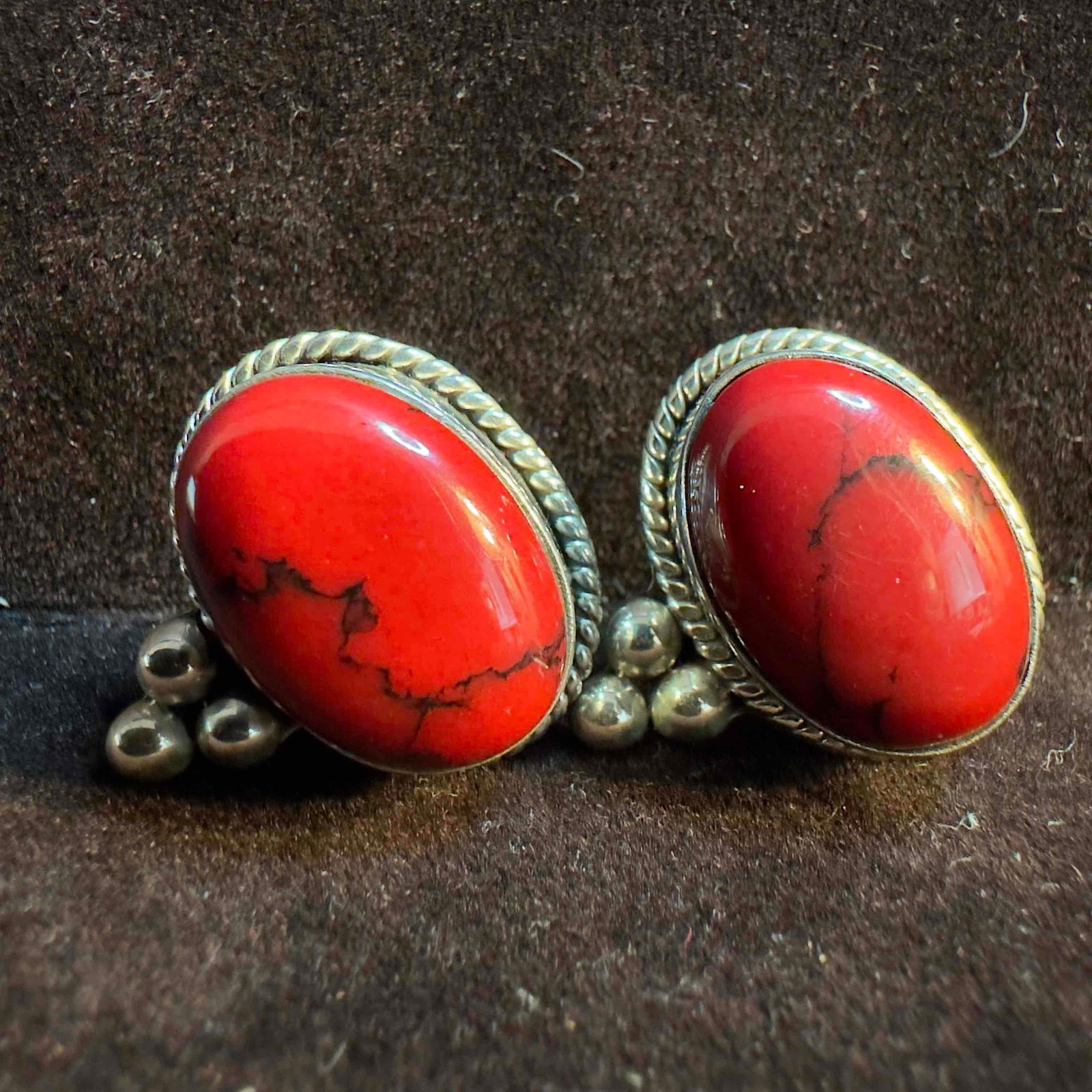 Red Jasper 925 ATI Mexico Sterling Silver Oval Cabochon Earrings B7 (1 of 5)