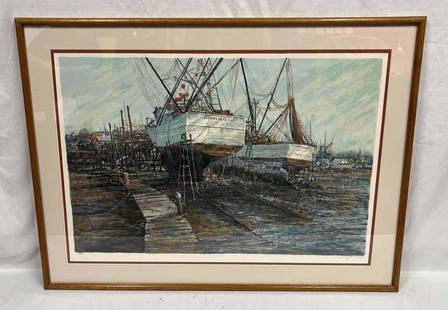 Signed & Numbered Serigraph "Dry Dock" By Schofield: This lot contains a&nbsp;Signed & Numbered Serigraph "Dry Dock" By Schofield.&nbsp;The frame is approx 33 1/4" x 44 3/4" while the artwork itself is approx 25 1/2" x 37". Total weight is 18.5lbs. Over