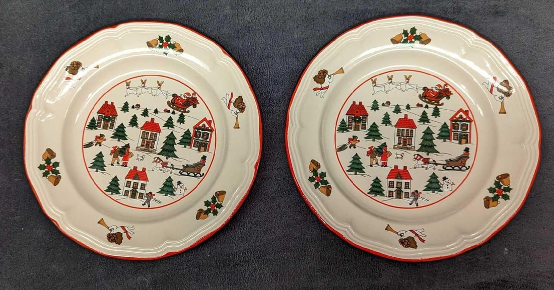 2 Retired China Joy of Christmas Salad Plates A: 2 Retired China Joy of Christmas Salad Plates A. By Jamestown China. Each is approx 7 1/2" x 7 1/2" x 1". The total weight is 1.45lb. There is some wear/color loss on the trim. 