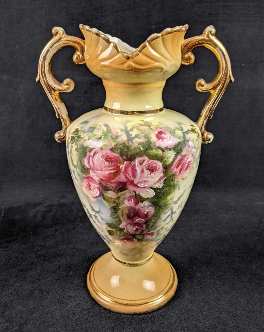 Vintage Albany Pink Roses Porcelain Vase A: Vintage porcelain urn style vase with hand-painted pink roses with gold trim. The bottom is marked ALBANY VASE". The vase is approx 7" x 6" x 11" and is in a good, vintage condition with wear on the g