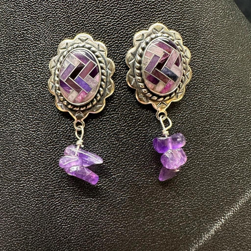 Sterling Silver Purple Stone Mosaic Earrings: This piece of jewelry has been tested and researched prior to listing. Please view all our pictures they are part of our description. DETAILS: Metal - Sterling Silver Color - Silver Stones - Various