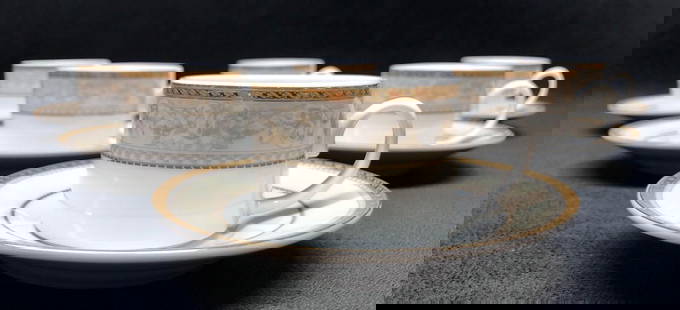 12pc Porcelain Demitasse Set - 6 Cups & 6 Saucers - Casa Elite Home Collection - M. Valenti - Italy: 12pc Porcelain Demitasse Set - 6 Cups and 6 Saucers. Elegant design with Gold Trim, Gray and Peach on White Background. Casa Elite Home Collection. Design by M. Valenti - Italy.   Cup 3-1/4&#34; x 2-1