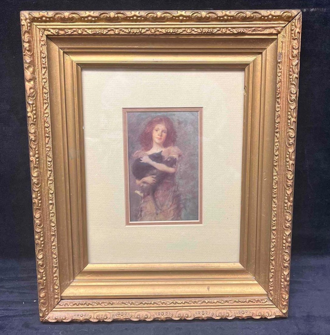 Framed Vintage Postcard "Girl Holding Two Kittens" Detail Of An American Painting By Thomas Wilmer: This lot contains a Framed Vintage Postcard "Girl Holding Two Kittens" Detail Of An American Painting By Thomas Wilmer Dewing. The Original painting was done in oil on canvas depicting Dewing's daught