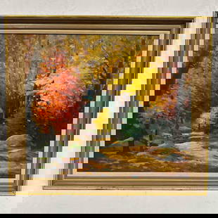 B.G. Hansalpakar 1967 Framed Oil Painting On Canvas Autumn Orange and Yellow Leaf Tree Scene R90: B.G. Hansalpakar 1967 Framed Oil Painting On Canvas Autumn Orange and Yellow Leaf Tree Scene. Beautiful landscape painting depicting a forest in autumn. The artwork is hand signed by the artist in the