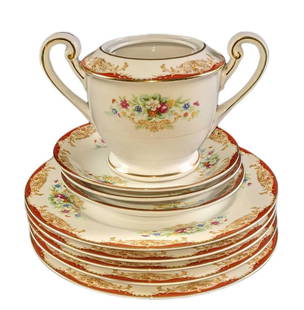 Vintage Diamond China Sugar Bowl And Plates: This lot includes:  (1) Diamond Sugar Bowl. This is approx 6 1/2&#34; x 4&#34; x 3 1/2&#34;. (3) Saucers. These are approx 5 1/2&#34;. (5) Salad Plates/Dessert. These are approx 8&#34;.