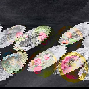 Hand Painted Decorative Porcelain Plate Set: Some plates are hand painted. Minor staining and marks throughout each plate due to storage and age. These items are in good pre-owned, previously displayed condition with light wear, and surface scra